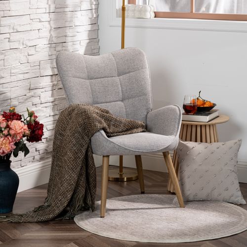 Fauteuil De Salon Scandinave Avec Accoudoirs Pied Bois Massif Rembourré En Tissu Gris