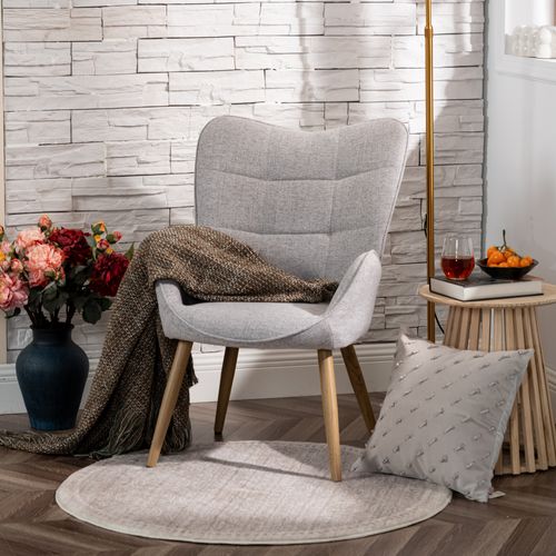 Fauteuil De Salon Scandinave Avec Accoudoirs Pied Bois Massif Rembourré En Tissu Gris