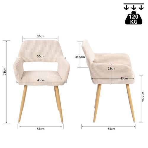 Lot De 2 Chaises De Salle à Manger Rembourrée En Velours Côtelé Pieds En Métal Beige