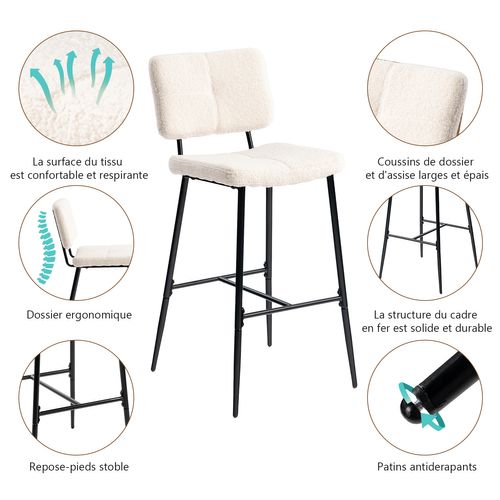 Lot De 2 Tabouret De Bar Siège Rembourrés De 75 Cm De Haut En Bouclette Beige