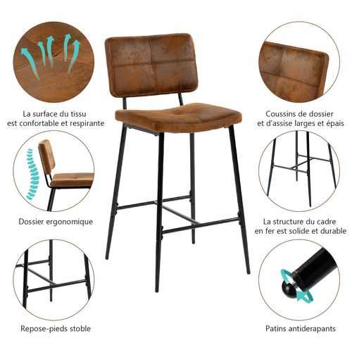 Lot De 2 Tabouret De Bar Siège Rembourrés De 75 Cm De Haut En Suédine Marron