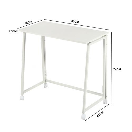 Bureau Pliant Avec 4 Roulettes Pour Petits Espaces Scandinave, Cadre En Métal, Blanc