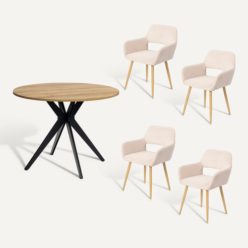 Table Salle à Manger Ronde Avec 4 Chaises Ensemble De 5 Meubles Pour Salon Cuisine, Chêne + Beige