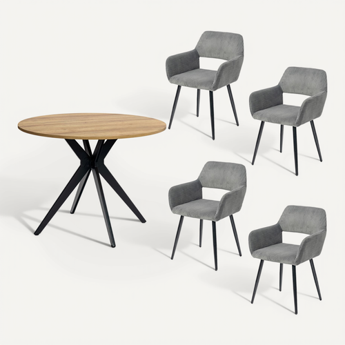 Table Salle à Manger Ronde Avec 4 Chaises Ensemble De 5 Meubles Pour Salon Cuisine, Chêne + Gris