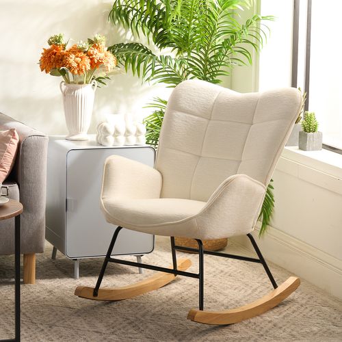 Fauteuil à Bascule Allaitement En Velours Teddy - Confort Scandinave, Pieds Bois Et Métal - Supporte Jusqu'à 136 Kg - Blanc - 13