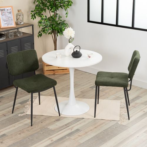Table à manger ronde blanche avec 2 chaises vert foncé style moderne pieds en métal noir