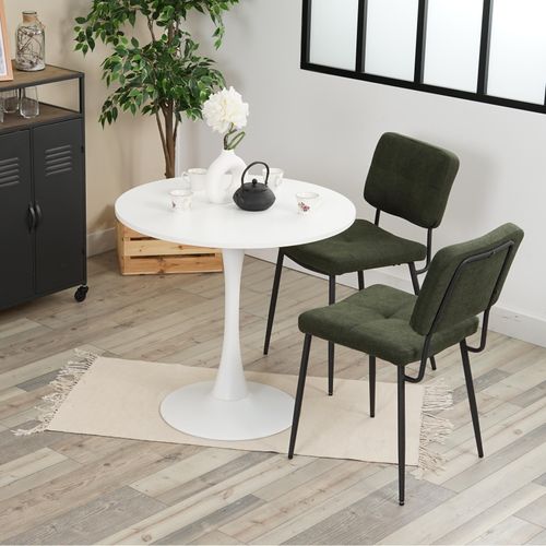 Table à manger ronde blanche avec 2 chaises vert foncé style moderne pieds en métal noir