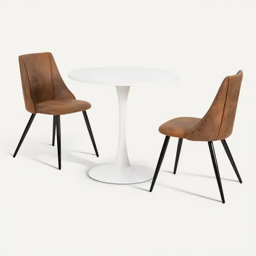 Ensemble table ronde blanche MDF style tulipe avec 2 chaises marron industriel pieds métal noir