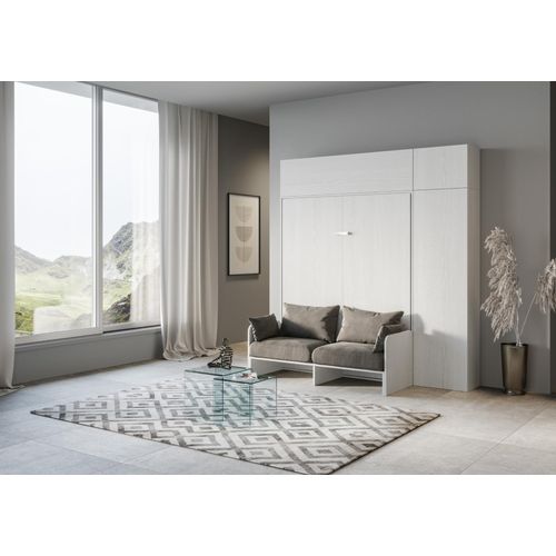 Armoire Lit Escamotable Vertical 160 Kentaro Sofa Avec Colonne Et Élements Hauts Frêne Blanc