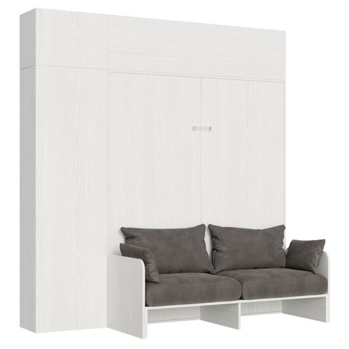 Armoire Lit Escamotable Vertical 160 Kentaro Sofa Avec Colonne Et Élements Hauts Frêne Blanc