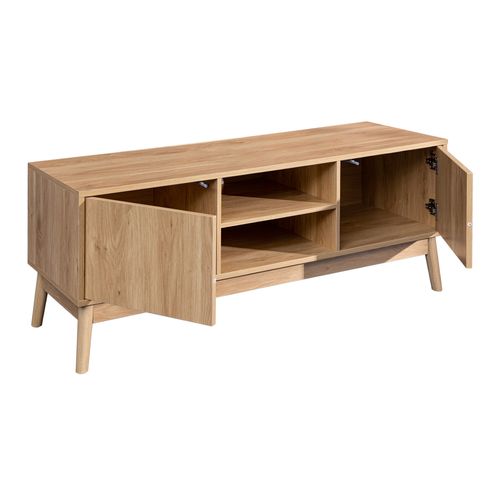 Meuble TV Buffet Bas En Bambou Mdf 2 Portes Étagères Pour Salon