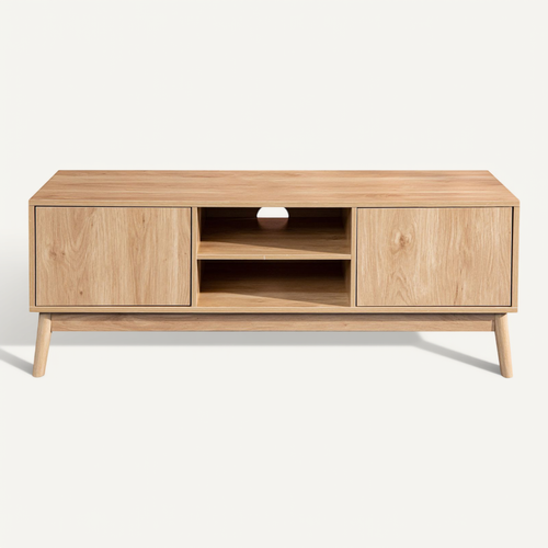 Meuble TV Buffet Bas En Bambou Mdf 2 Portes Étagères Pour Salon
