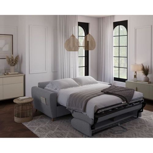 Canapé Convertible Express 3 Places Sky - Tissu Gris - Matelas 14cm - 192 X 100 X 88 Cm