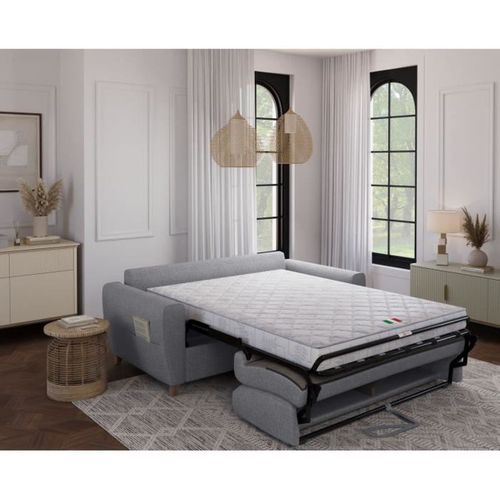 Canapé Convertible Express 3 Places Sky - Tissu Gris - Matelas 14cm - 192 X 100 X 88 Cm