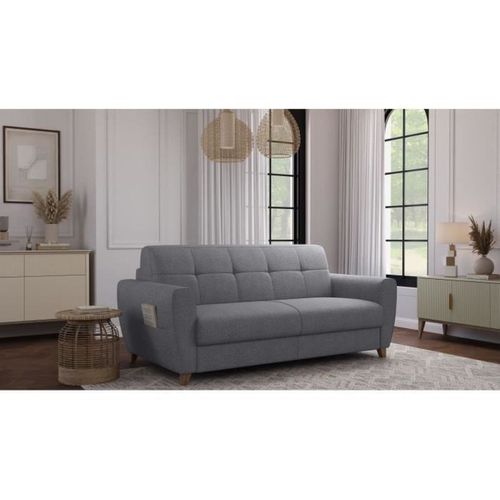 Canapé Convertible Express 3 Places Sky - Tissu Gris - Matelas 14cm - 192 X 100 X 88 Cm