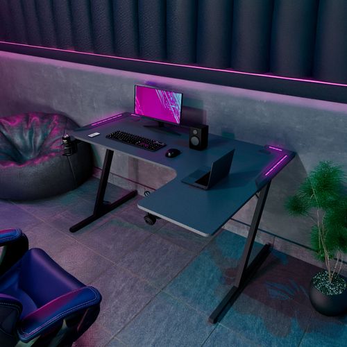 Shigeru - Bureau Gaming D'angle 140x99x76 Cm Avec LED En Mdf Et Métal Noir