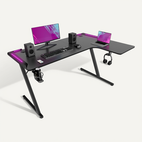 Shigeru - Bureau Gaming D'angle 140x99x76 Cm Avec LED En Mdf Et Métal Noir