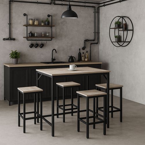 Sabi - Table De Bar Avec 4 Tabourets Carrés Style Industriel Bleach, Ensemble Coin Petit-déjeuner