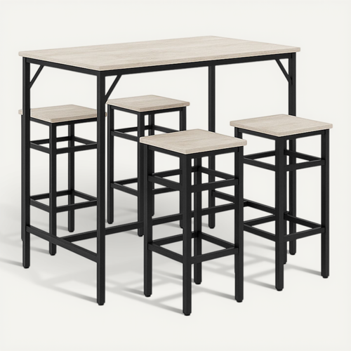 Sabi - Table De Bar Avec 4 Tabourets Carrés Style Industriel Bleach, Ensemble Coin Petit-déjeuner