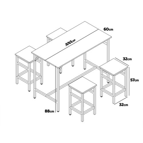 Sabi - Table De Bar Avec 4 Tabourets Carrés Style Industriel Bleach, Ensemble Coin Petit-déjeuner
