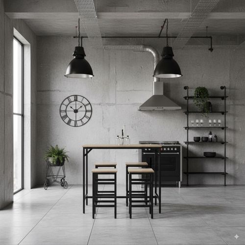 Sabi - Table De Bar Avec 4 Tabourets Carrés Style Industriel Bleach, Ensemble Coin Petit-déjeuner