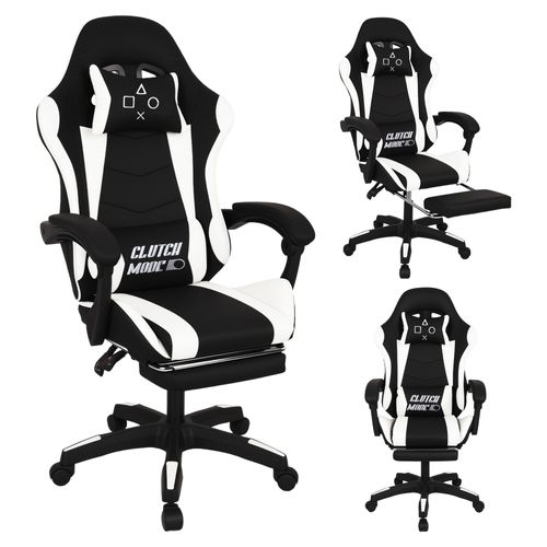 Clutch - Chaise De Gaming Ergonomique Avec Coussin Lombaire, Repose-pieds En Pvc Noir Et Blanc