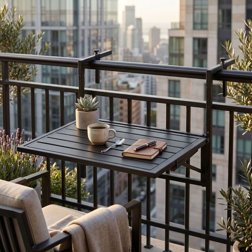 Etè - Table De Balcon Pliable 60 X 63 X 56 Cm, étagère Suspendue D’extérieur En Métal Noir