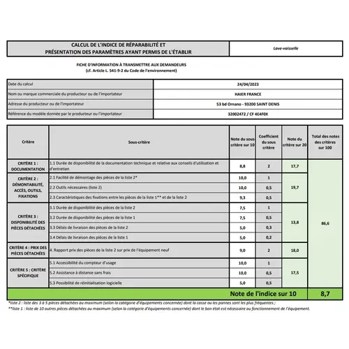 Lave-vaisselle Pose libre 60 cm 14 Couverts 44 dB Inox - Cf4e4f0x