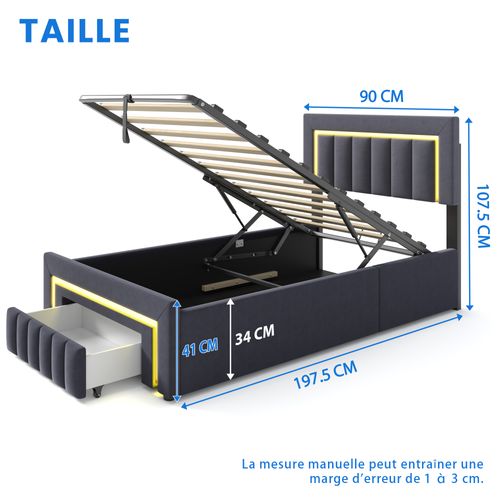 Lit Coffre 90x190 Cm Avec LED, 1 Tiroir, Tête De Lit, Sommier, Revêtement En Velours, Gris Foncé