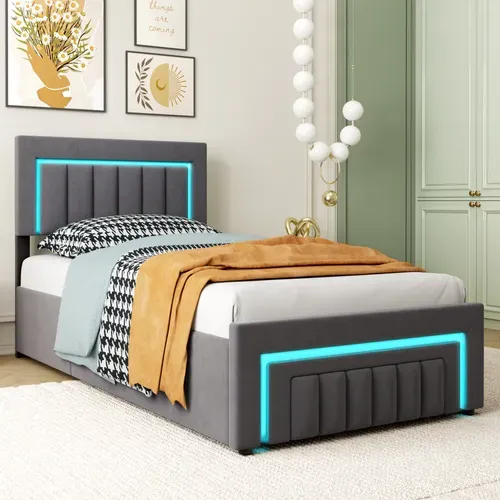 Lit Coffre 90x190 Cm Avec LED, 1 Tiroir, Tête De Lit, Sommier, Revêtement En Velours, Gris Foncé
