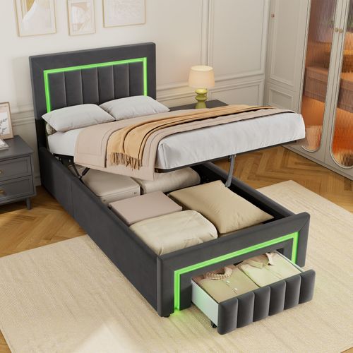 Lit Coffre 90x190 Cm Avec LED, 1 Tiroir, Tête De Lit, Sommier, Revêtement En Velours, Gris Foncé