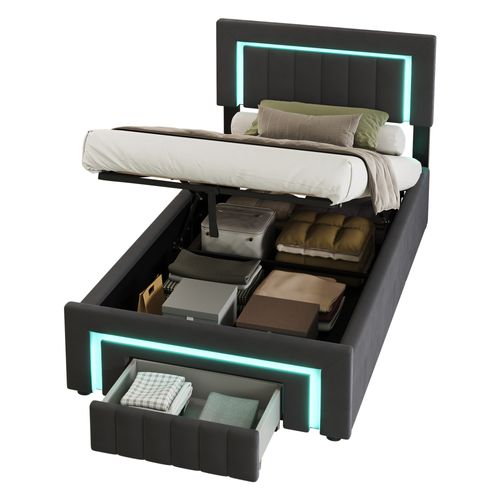 Lit Coffre 90x190 Cm Avec LED, 1 Tiroir, Tête De Lit, Sommier, Revêtement En Velours, Gris Foncé