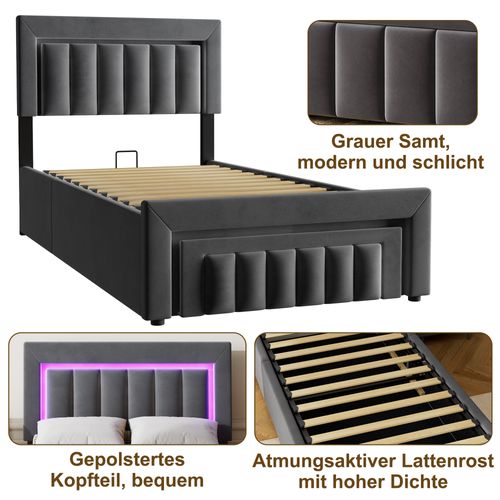 Lit Coffre 90x190 Cm Avec LED, 1 Tiroir, Tête De Lit, Sommier, Revêtement En Velours, Gris Foncé