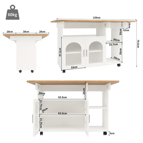 Buffet 120×30×79,5cm, Meuble De Cuisine Moderne, Plateau De Table Pliant, Avec Roulettes, Mdf, Blanc