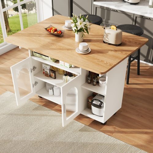 Buffet 120×30×79,5cm, Meuble De Cuisine Moderne, Plateau De Table Pliant, Avec Roulettes, Mdf, Blanc