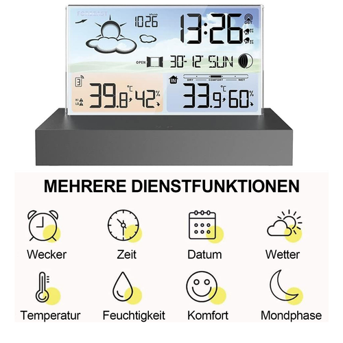 Horloge Avec Données Météorologiques, 2 Réveils Et Éclairage Réglable, Noir