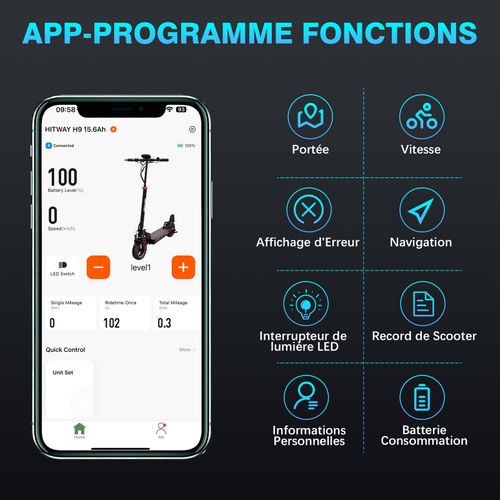 Trottinette Électrique Pliable - Pneus Solides 10" - App - Batterie 48v 15.6ah - Scooter Noiretrouge