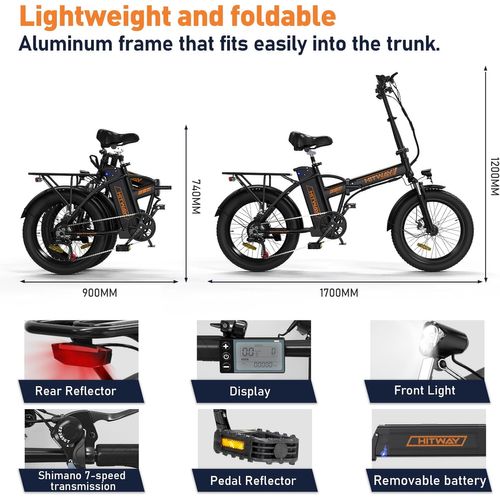 Vélo Électrique Pliable 20*3.0" E-bike Noir Orange - Batterie Amovible 36v12ah - Ecran LCD