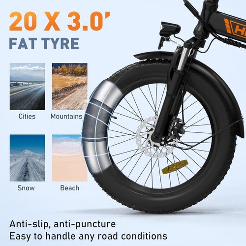 Vélo Électrique Pliable 20*3.0" E-bike Noir Orange - Batterie Amovible 36v12ah - Ecran LCD