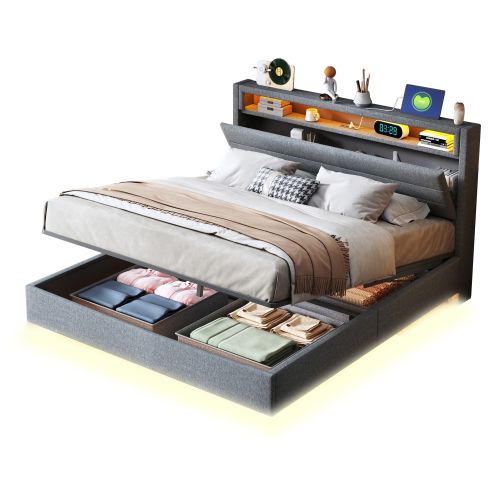 Lit Coffre Lit Double LED 160x200 Cm, Tête De Lit Réversible, Prise USB, Lin, Gris