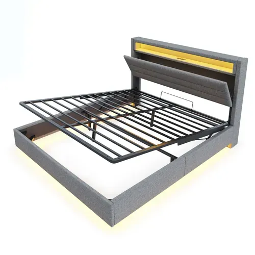 Lit Coffre Lit Double LED 160x200 Cm, Tête De Lit Réversible, Prise USB, Lin, Gris