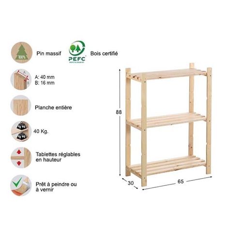 Etagère 3 Tablettes à Lattes 88x65x30cm Nc-3-30