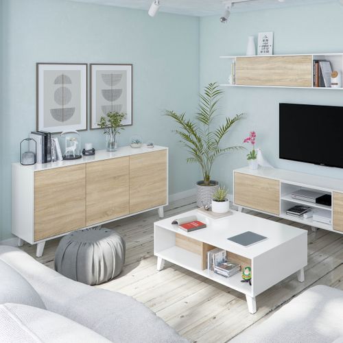 Buffet 3 portes ZAIKEN imitation chêne et blanc brillant vue d'ambiance 1