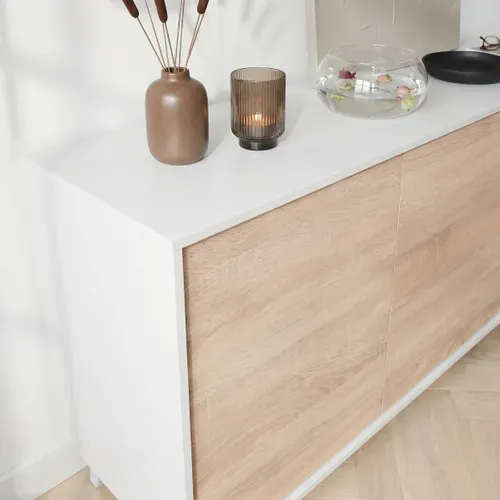 Buffet 3 portes ZAIKEN imitation chêne et blanc brillant