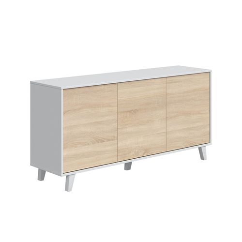 Buffet 3 portes ZAIKEN imitation chêne et blanc brillant