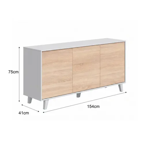 Buffet 3 portes ZAIKEN imitation chêne et blanc brillant