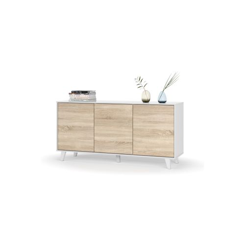 Buffet 3 portes ZAIKEN imitation chêne et blanc brillant
