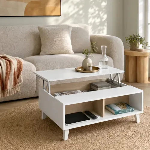 Table basse avec plateau relevable ZAIKEN chêne et blanc brillant vue d'ambiance 1