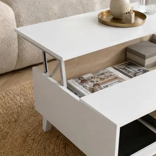 Table basse avec plateau relevable ZAIKEN chêne et blanc brillant