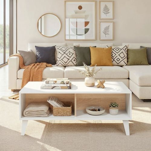 Table basse avec plateau relevable ZAIKEN chêne et blanc brillant